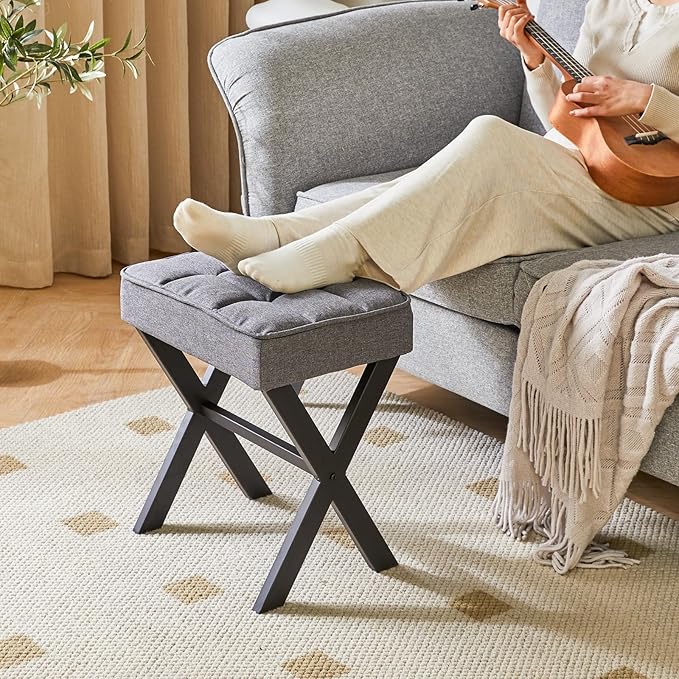 IBUYKE Square Makeup Stool with X-Leg Foot Rest, Linen Footrest, Ottoman Seat, Multi-Use as Small Side Table, for Bedroom, Living Room, Dark Gray LG-70G-DeskLoop Office