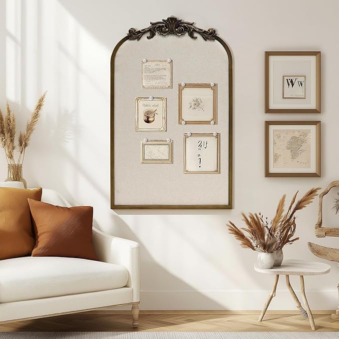 Arch Fabric Pinboard, Antique Gold Bulletin Boards 19"x31", Vintage Cork Board with Ornate Iron Frame for Wall Unique Display, Organization and Decor Options-DeskLoop Office