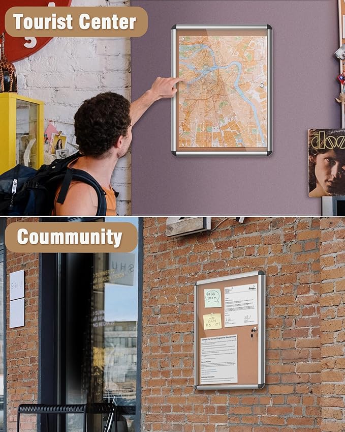 26"x20" Enclosed Bulletin Board, Lockable Weather-Resistant Aluminum Cork Noticeboard for School & Office, Silver Frame w/Cork-DeskLoop Office