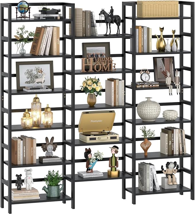 Homykic Bamboo Triple Wide Shallow Bookshelves and Bookcases, 6-Tier 6ft Tall Bookshelf with 17 Open Display Shelves, Super Large Freestanding Book Shelf for Home Office, Bedroom, Living Room, Black-DeskLoop Office