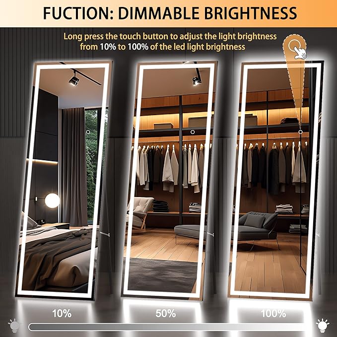 Hasipu Full Length Mirror with Lights, 65" x 20" LED Floor Mirror, Full Body Dressing Standing, Hanging Mounted Mirror for Living Room Bedroom Cloakroom, Square Black-DeskLoop Office