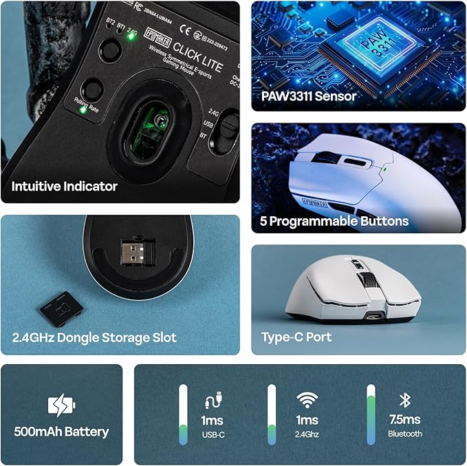 EPOMAKER Click Lite Wireless Gaming Mouse, 800 to 12,000 DPI Adjustable, PAW3311 Sensor, 500mAh, 59g, 2.4G/BT/USB-C Rechargeable Wireless Mouse with 5 Programmable Buttons for PC/Mac/Linux (White)-DeskLoop Office