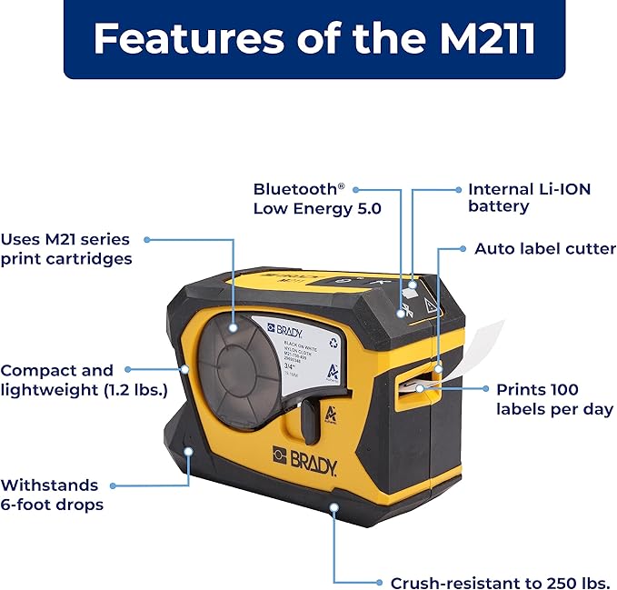 Brady M211 Portable Bluetooth Monochrome Label Printer, Yellow/Black-DeskLoop Office