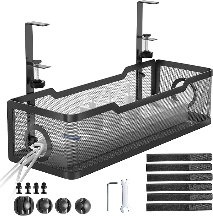Under Desk Cable Management Tray Black, Cinati Wire Organizers No Drill by Cinati