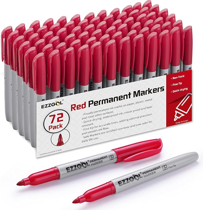 Ezzgol Permanent Markers Bulk, 72 Pack Red Permanent Marker Set, Fine Tip by Ezzgol