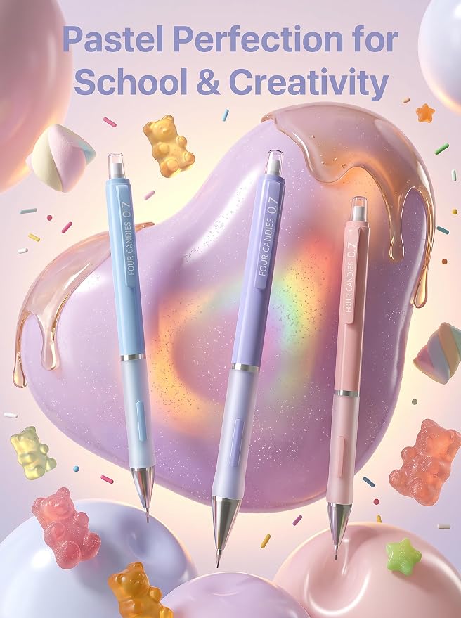 Four Candies Cute Pastel Mechanical Pencil Set, 3 Pack | 360 Lead Refills - Image 2
