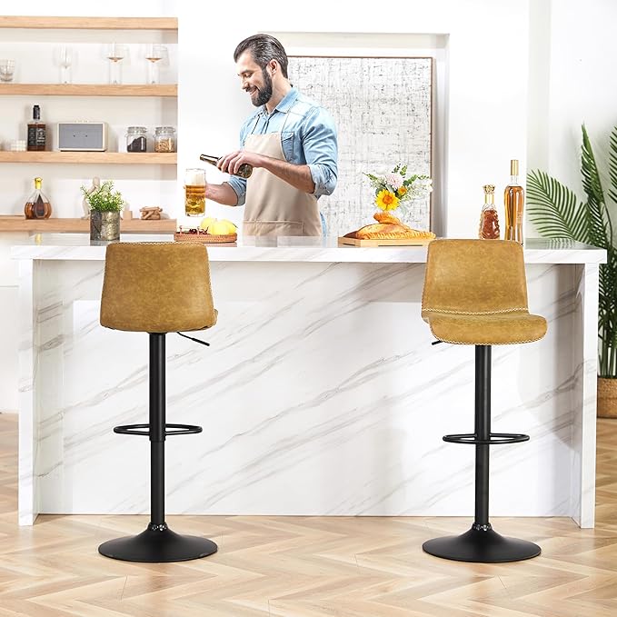 HeuGah Bar Stools Set of 6, Swivel Counter Height Barstools with Back, Adjustable Height 24" to 32", Whiskey Brown Faux Leather Bar Chairs for Kitchen Island (Whiskey Brown, Set of 6 (24'' to 32''))-DeskLoop Office