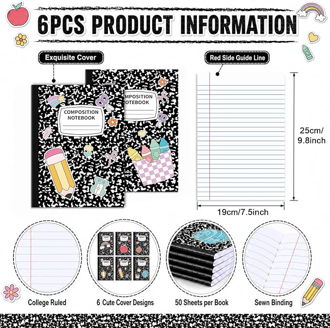 6 Pack Large Composition Notebooks Bulk 9.8 × 7.5 in Wide Ruled Hard Cover - Image 2