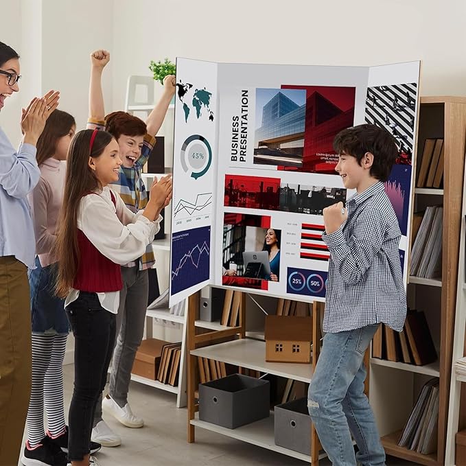 4 Pcs Trifold Display Board 36"x 48" Large White Presentation Board with Board Headers 4 Science Subtitles 32 Black Edge Self Adhesive Paper Poster Board for School Projects and Business Presentations-DeskLoop Office