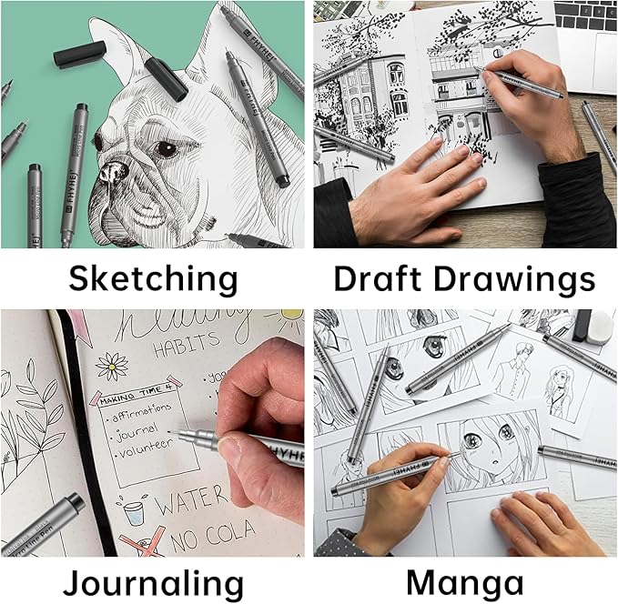 Micro Fineliner Drawing Art Pens: 9 Black Fine Line Ink Set Artist Supplies Archival Inking Markers Liner Professional Sketch Outline Anime Sketching Artist Illustration Watercolor-DeskLoop Office