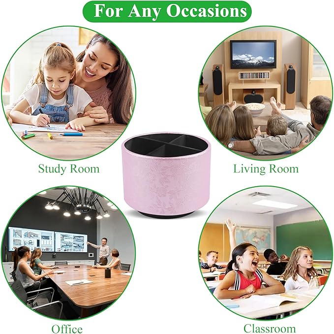 lizimandu Round Leather Art Supply Organizer,Remote Control Holder,360 Degree Spinning,Multi-Functional Pencil Holder,4 Compartments Desktop Stationary Organizer(1-Liuli Pink)-DeskLoop Office