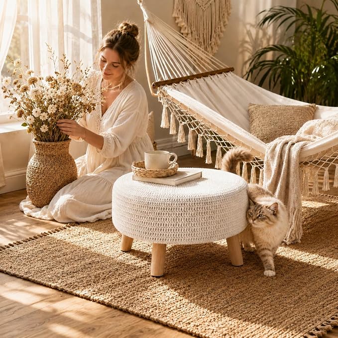 Wimarsbon Pouf Ottoman, 100% Cotton Knitted Boho Footstool, Round Footrest - Image 6