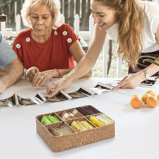Tea Bag/Sugar Packet Holder, Coffee Station Condiment Organizer, Seagrass Storage Basket, Wicker Rattan Divided Basket Organizer for Drawer/Shelf/Countertop-DeskLoop Office