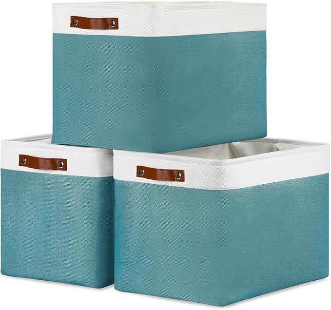 DULLEMELO Large Storage Basket, Collapsible Storage Bins Decorative Storage Baskets for Home Shelves Bedroom, Linen Fabric Basket with Leather Handles for Toys Books Organizing(White&Teal-DeskLoop Office