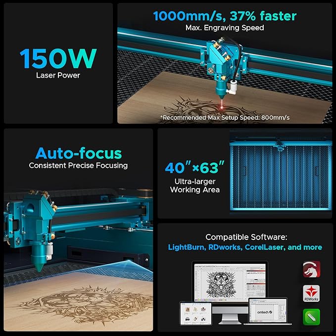 OMTech Pronto 150W CO2 Laser Engraver & Cutter with Water Chiller – 63"x40" Workspace, 1,000mm/s Speed, Autofocus, 2-Way Pass, Air Assist, for Wood, Acrylic & More-DeskLoop Office