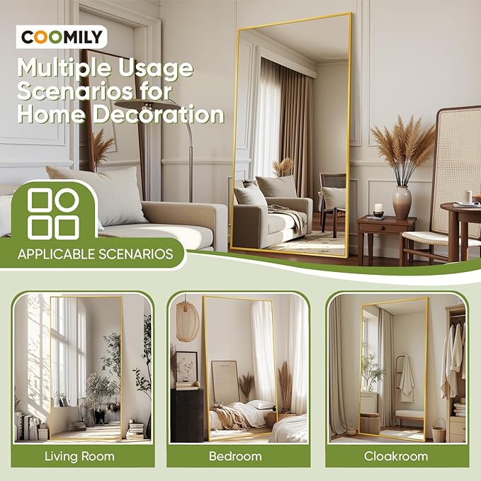 Full-Length Floor Mirror with Stand, 71"x28" Rectangle Style Full Body Standing Mirror for Bedroom, Living Room, Gym, Dorm - Shatter-Resistant & Easy Assembly, Gold-DeskLoop Office