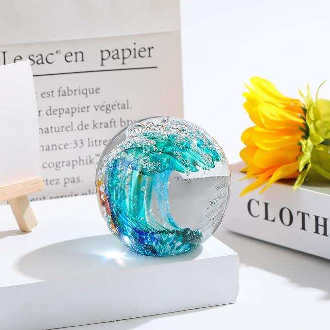 Qianwei Ocean Waves Hand Blown Glass Decor Crystal Ball Sea Figurines Gifts | - Image 6