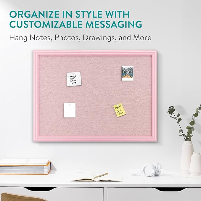 Navaris Framed Linen Bulletin Board - Approx. 58x43cm Fabric Jewelry Organizer Pinboard for Wall Memory Memo Pin Board - Pink Linen with Pink Frame-DeskLoop Office
