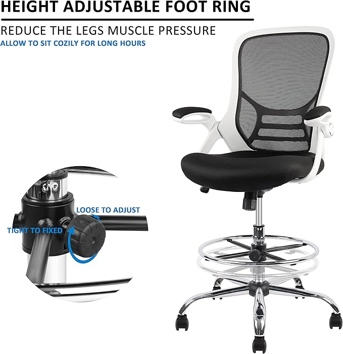 HYLONE Drafting Chair, Tall Office Chair Mesh Standing Desk Stool with Adjustable Foot Ring, Flip-Up Arms, White & Black-DeskLoop Office