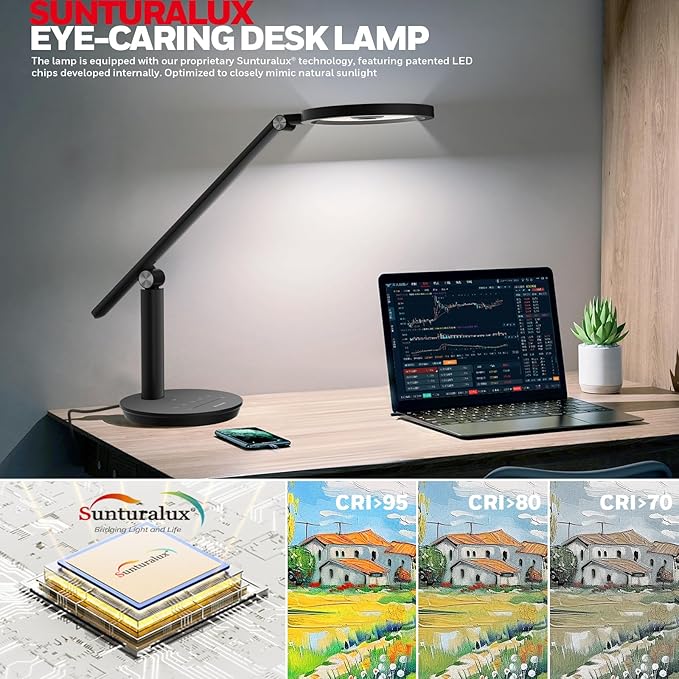 Honeywell Desk Lamp for Home Office, H6 Sunturalux™ Eye-Caring Led Desk Light, 800LM Dimmable Desk Lamp with Timer, Touch Control Tall Desk Reading Light, Table Lamp for Circle Webcam, Study, Bedroom-DeskLoop Office