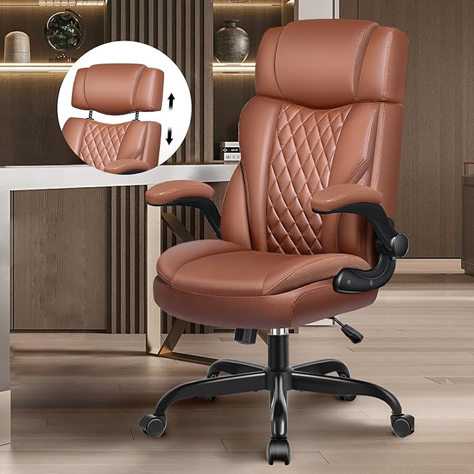 Office Chair Flip Up Arms, Executive Leather Office Chair Ergonomic Desk Chair with Lumbar Support, Adjustable Headrest, Computer Chair Home Office Desk Chair with Rocking Function-DeskLoop Office