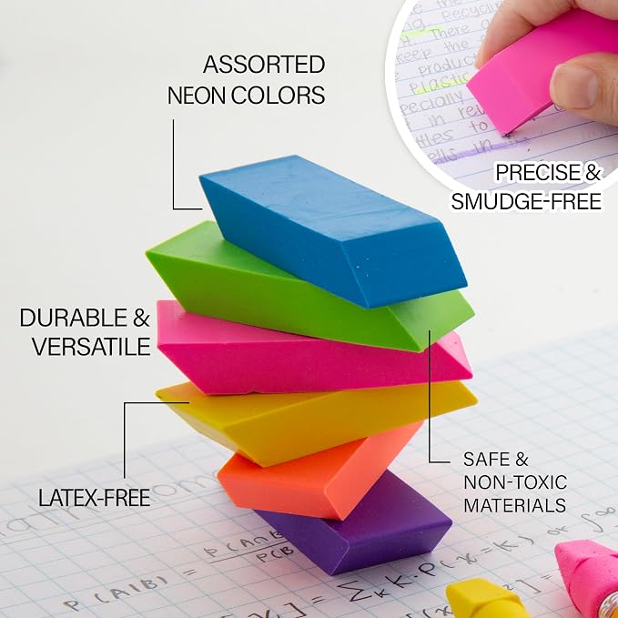 BAZIC Neon Bevel Eraser | soft latex-free, neon beveled block erasers, PVC-free - Image 3