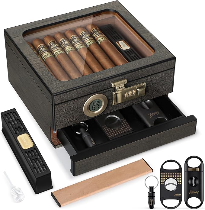 Tesonway Cigar Humidor, Cedar Wood Humidor Cigar Box, Glass Top Desktop Humidor by Tesonway