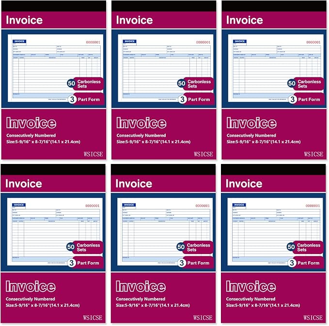 6 Pack Invoice Receipt Book, 3-Part Carbonless, 5-9/16" x 8-7/16" Invoice Book by WSICSE
