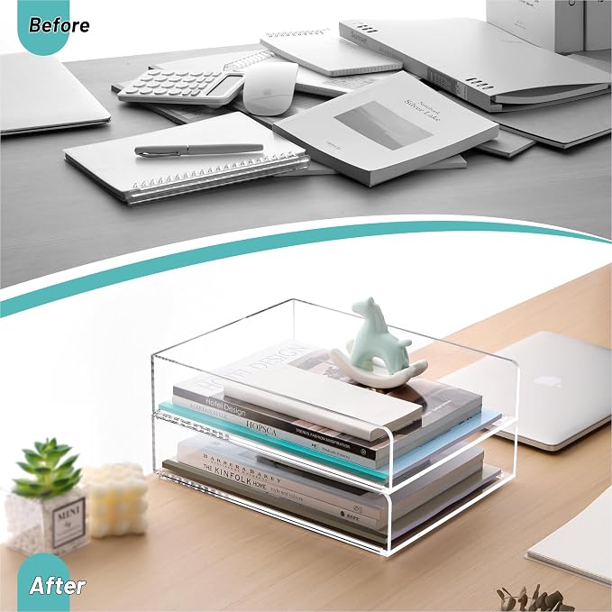 HeZone Paper Organizer Letter Tray, Acrylic Desk Organizer, Stackable Paper Tray - Image 3