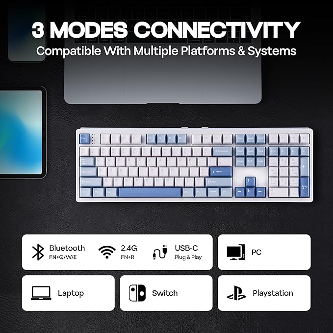 EPOMAKER TH108 Full Size Mechanical Keyboard, Wireless Gaming Keyboard, 8000mAh Battery, Creamy Gasket, 108 Keys, Hot Swap, Custom Driver, RGB Backlights (Blue&White, Creamy Jade Switch)-DeskLoop Office