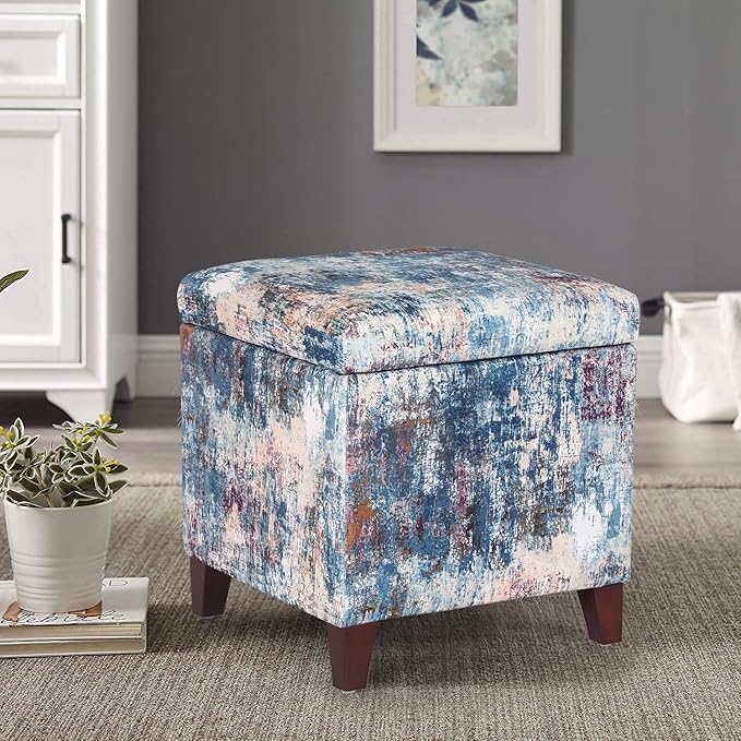 Adeco 18 Inch High Cube Ottoman Storage, Linen Chair Foot Stools, Upholstered Vanity Stool with Hinged Lid, Solid Wood Legs-DeskLoop Office