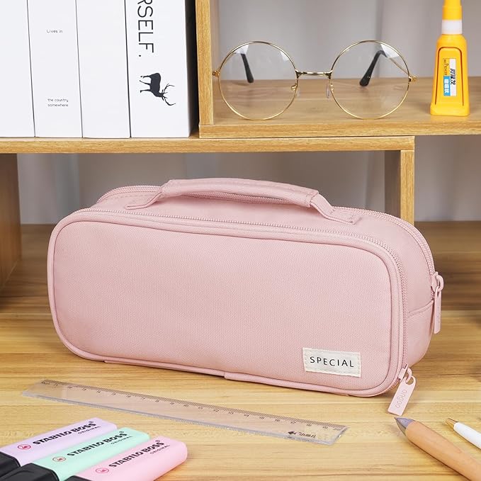 MAMUNU Pencil Case Large Capacity with 3 Compartments, Pencil Case Pouch Bag with Zipper Handle Portable Pen Stationery Organizer for Teen Girls Adults College School Office Travel, Pink-DeskLoop Office