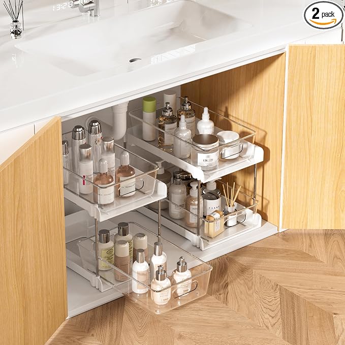 Vtopmart 2 Pack Bathroom Organizer, 2 Tier White Under Sink Organizers Vanity by Vtopmart