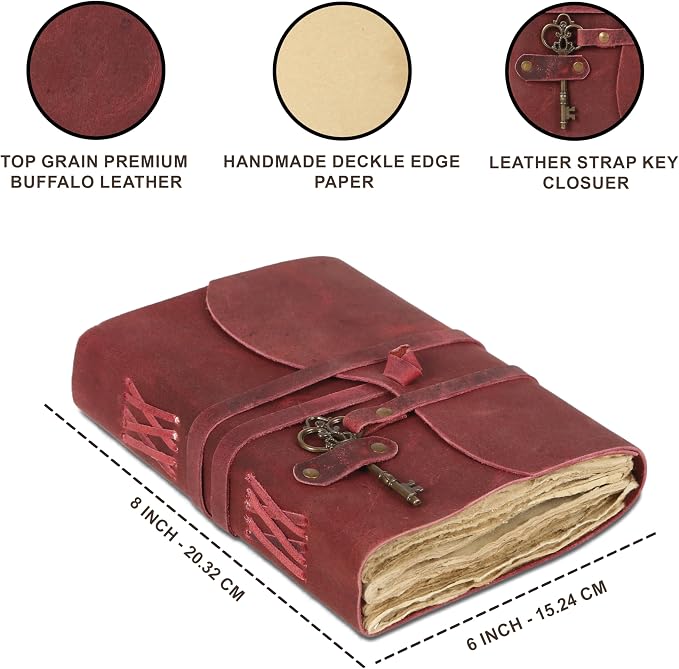 Leather Journal with Unlined Deckle Edge Paper 8x6 inch and Vintage Key | - Image 7