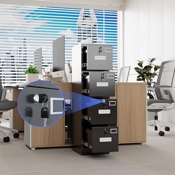 4 Drawer File Cabinet, Metal Vertical Filing Cabinet with 4 Lock,Office Home File Cabinet with Name Card Holder for A4 Letter/Legal Size, 14.96" W x 17.72" D x 55.2" H, Assembly Required(Black)-DeskLoop Office