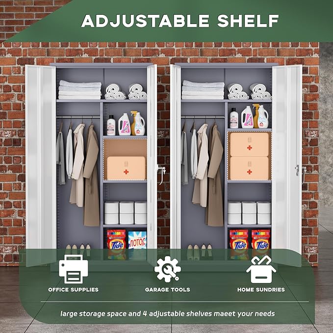 Greenvelly Metal Wardrobe Cabinet with Lock Door, 72" Metal Wardrobe Closet Cabinet with Hanging Rods and Adjustable Shelves, Steel Storage Locker Closet for Home, Office, Employee, Gym (White Grey)-DeskLoop Office