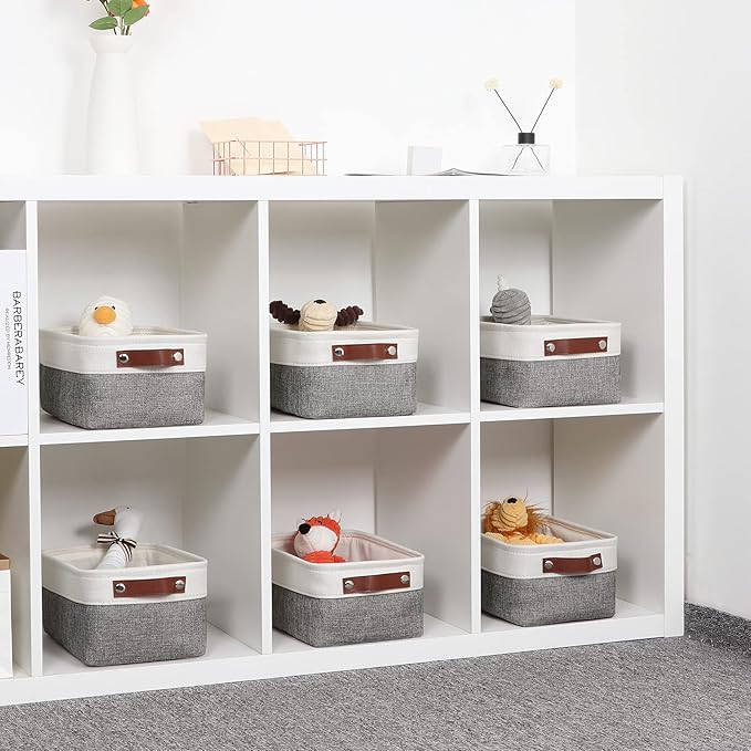 DULLEMELO Small Storage Baskets 6 Pack, Fabric Collapsible Gift Storage Baskets for Shelves, Closets, Nursery, Home, Office Organizing,Small Canvas Linen Rectangular Storage Bins (6-Pack, White&Grey)-DeskLoop Office