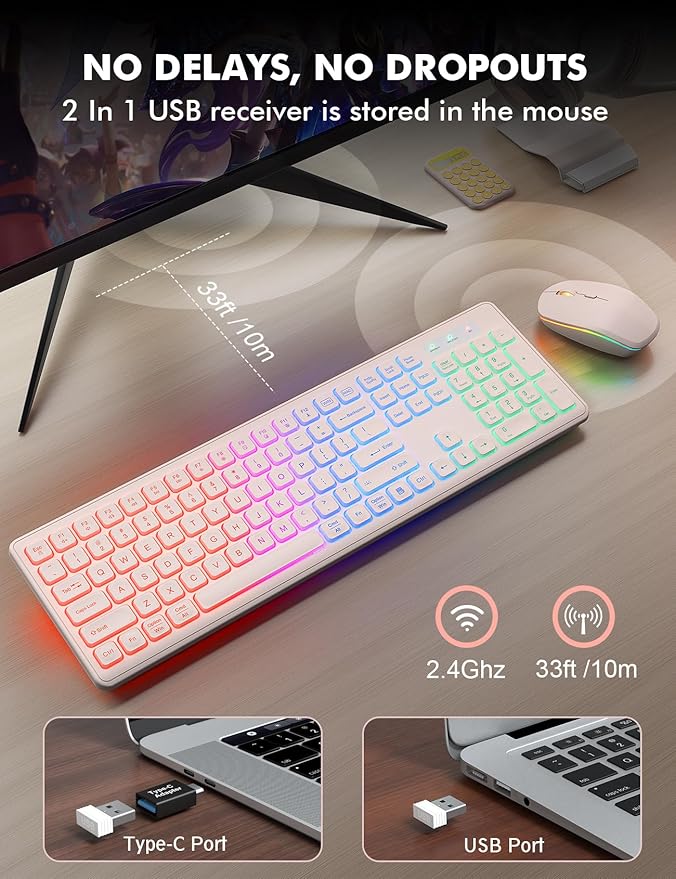 Wireless Keyboard and Mouse Combo - RGB Backlit, Rechargeable & Light Up Letters, Full-Size, Ergonomic Tilt Angle, Sleep Mode, 2.4GHz Quiet Keyboard Mouse for Mac, Windows, Laptop, PC, Trueque, Pink-DeskLoop Office