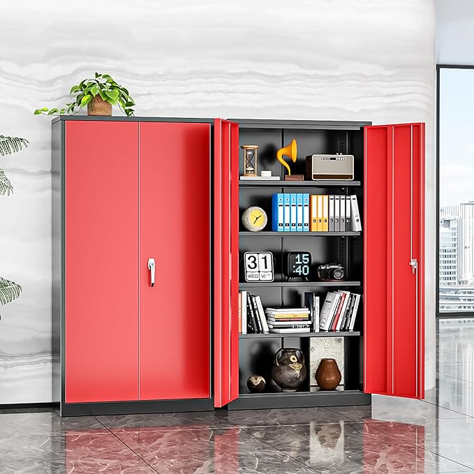 INTERGREAT Garage Storage Cabinet with Lockable Door, 72" H Metal Locking Cabinets with 4 Adjustable Shelves,Black Red Steel Cabinets Storage for Home Office, Warehouse，School-DeskLoop Office