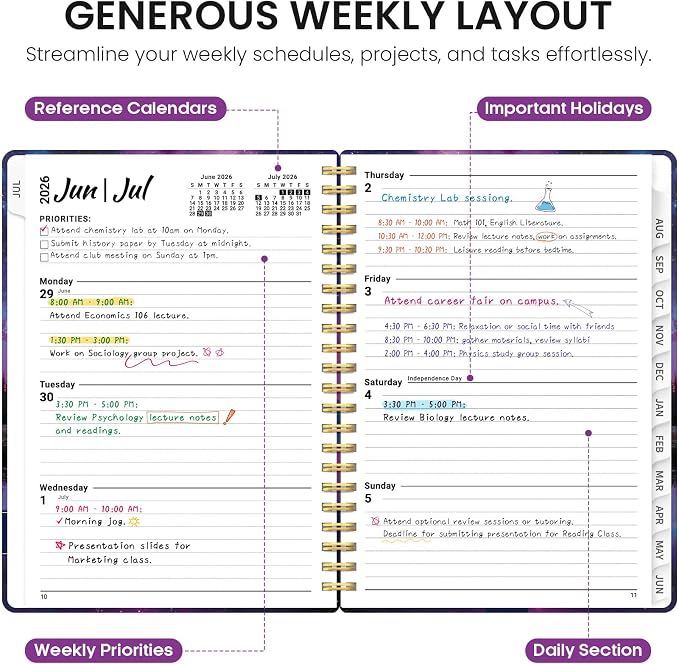 Planner 2026–2027, Academic Monthly Weekly Spiral Calendar, July 2026 – June - Image 3