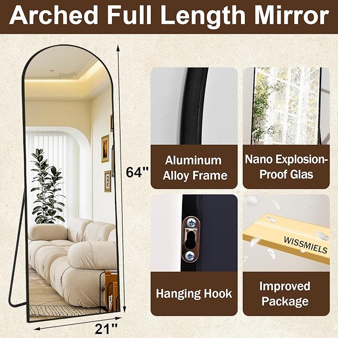 21" x 64"Arched Full Length Mirror - Wall Mounted Floor Mirror- Aluminum Alloy Frame Full Body Mirror for Bathroom Living Room Bedroom and Entryway Black-DeskLoop Office