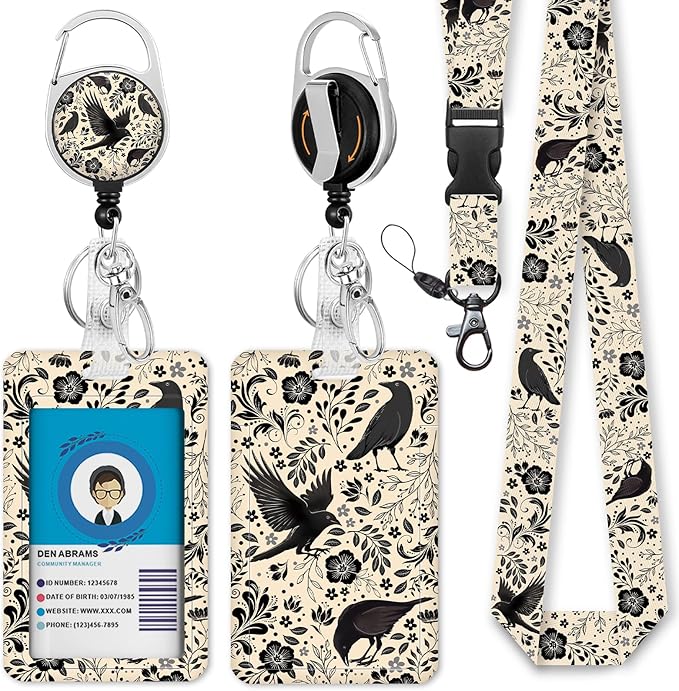 Giancomics Crow Lanyards for ID Badges, Badge Holder Retractable Reel Goth | by Giancomics