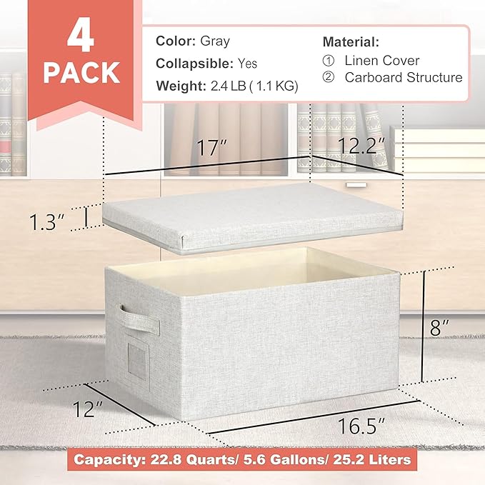 Large 17''x12'' Quart Collapsible Stackable Storage Bins with Lids, 4 Packs Off White Fabric Closet Boxes with Lids, Storage Cube Baskets Container Organizers for Bedroom Office(17''x12.2x''8'')-DeskLoop Office