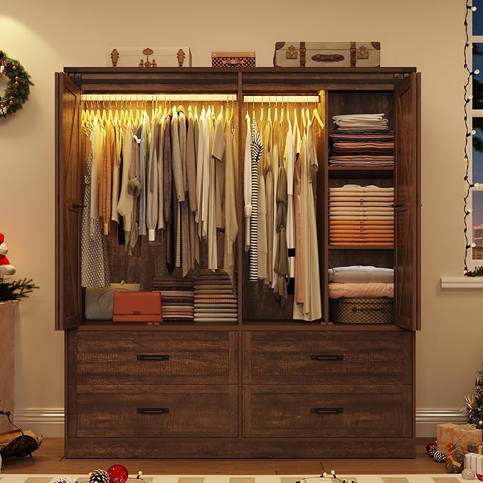 Farmhouse 4 Doors Armoire Wardrobe Closet w/Folding Sliding Barn Door and Lights, LED Armoire Closet w/Drawers for Bedroom, Freestanding Wooden Wardrobe Storage Closets w/Hanging Rod,Rustic Brown-DeskLoop Office