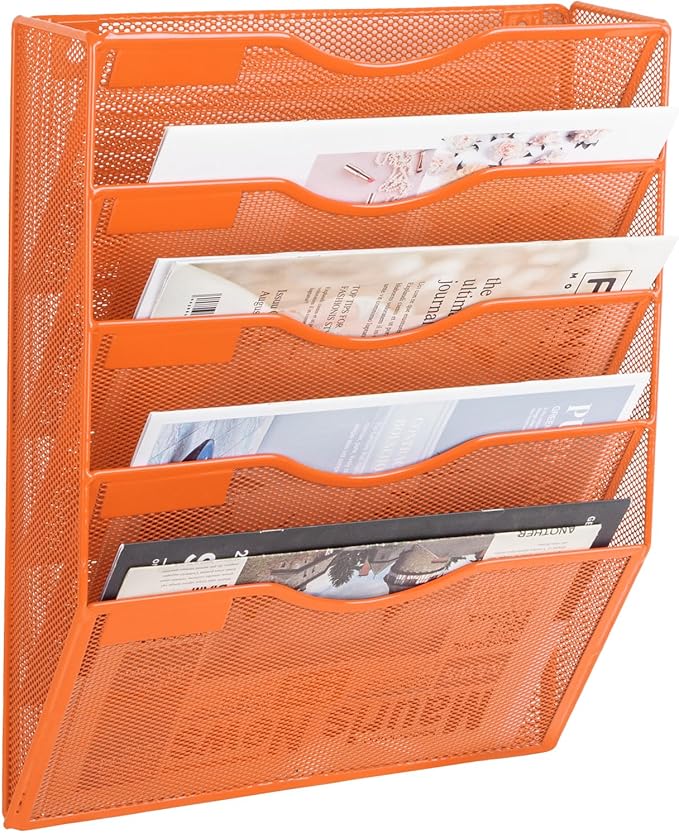 EASEPRES 5 Pocket Mesh Hanging Wall File Organizer, Wall Mounted Mail Paper Document Folder Holder, Clipboard Storage Organization Magazine Rack with Nametag Label for Office Home School, Orange-DeskLoop Office