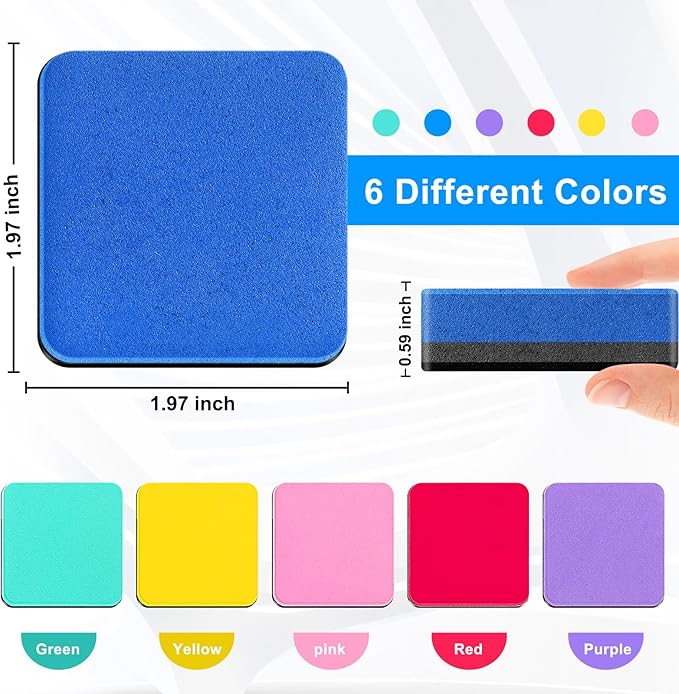 Cube Dry Erase Erasers, 96 Packs Mini Magnetic Whiteboard Dry Erasers in 6 Colors, Chalkboard Cleaner Wiper for Classroom, School, Home, and Office Supplies