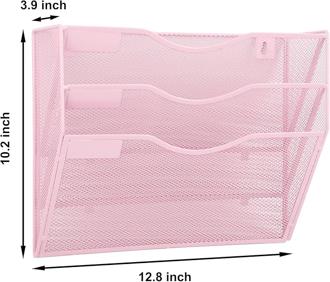 EASEPRES 3 Pocket Mesh Hanging Wall File Organizer, Wall Mounted Mail Paper Document Folder Holder, Clipboard Storage Organization Magazine Rack with Nametag Label for Office Home School, Pink-DeskLoop Office
