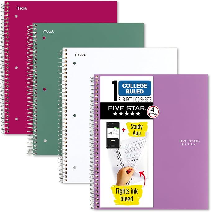Five Star Spiral Notebook + Study App, 100 Sheets, 1 Subject, College Ruled by FiveStar
