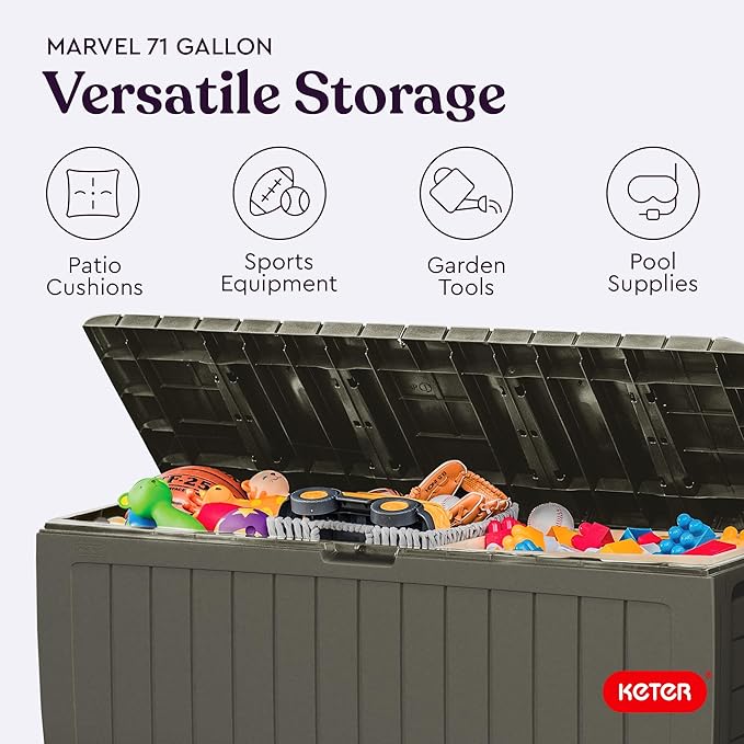 Keter Marvel Plus 71 Gallon Resin Deck Box-Organization and Storage for Patio Furniture Outdoor Cushions, Throw Pillows, Garden Tools and Pool Floats, Mossy Brown-DeskLoop Office