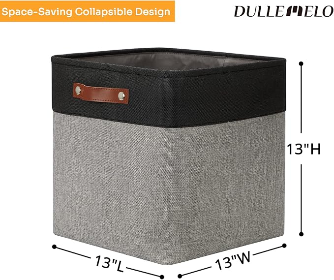 DULLEMELO Storage Bins for Organizing,Closet Storage Baskets for Gift Empty,Large Linen Canvas Storage Bins with Handles for Home Office Toys Shelves(Black&Grey, 13 inch Cube)-DeskLoop Office